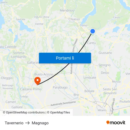 Tavernerio to Magnago map