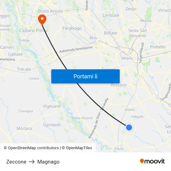 Zeccone to Magnago map