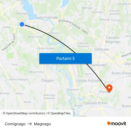 Comignago to Magnago map
