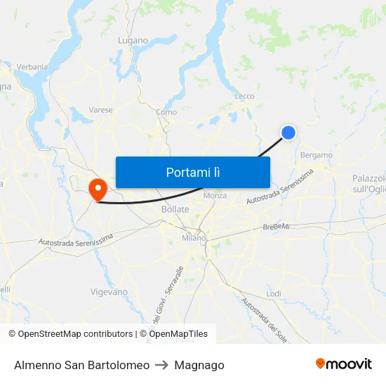 Almenno San Bartolomeo to Magnago map