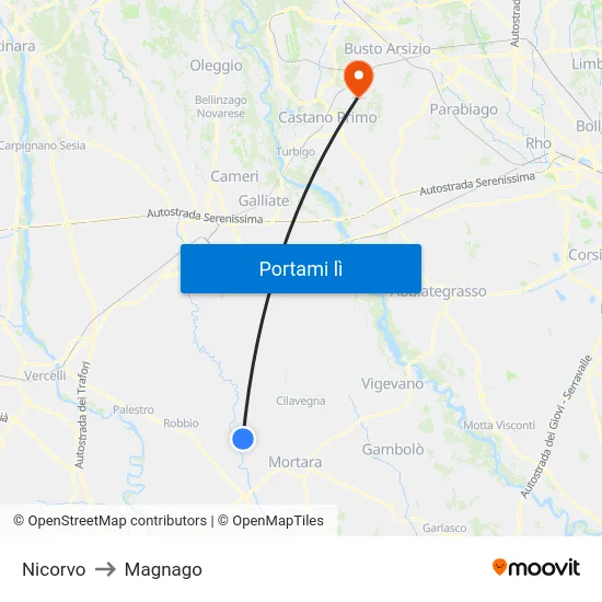 Nicorvo to Magnago map