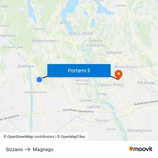 Sizzano to Magnago map