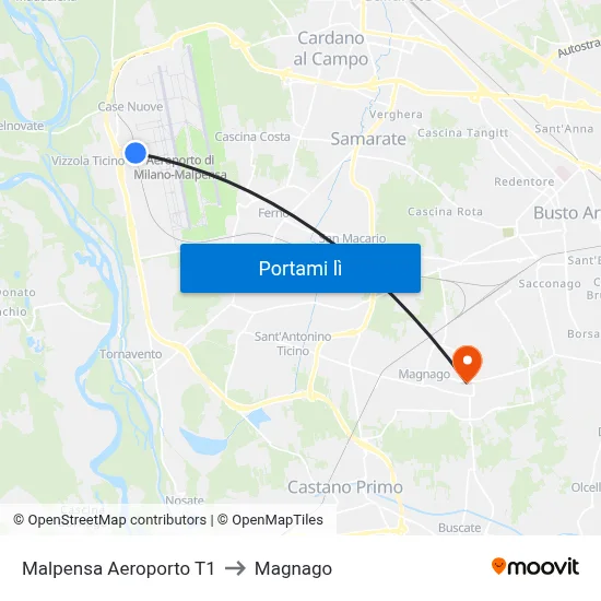 Malpensa Aeroporto T1 to Magnago map