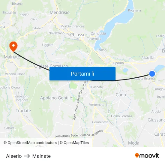 Alserio to Malnate map