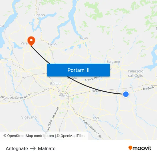 Antegnate to Malnate map