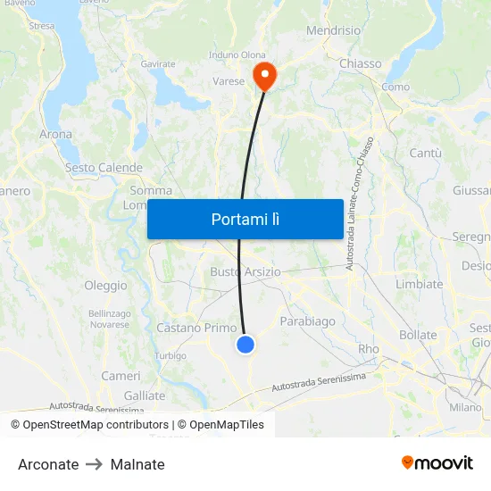 Arconate to Malnate map