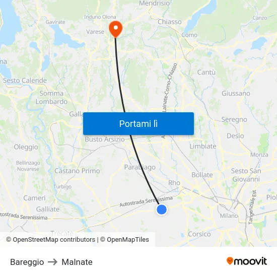 Bareggio to Malnate map