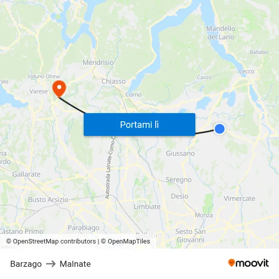 Barzago to Malnate map