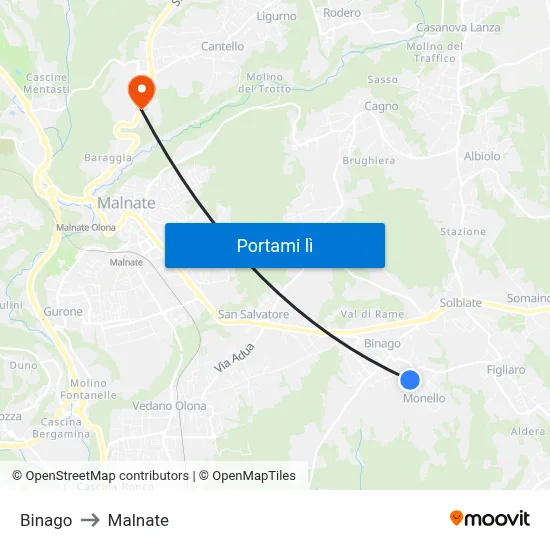 Binago to Malnate map