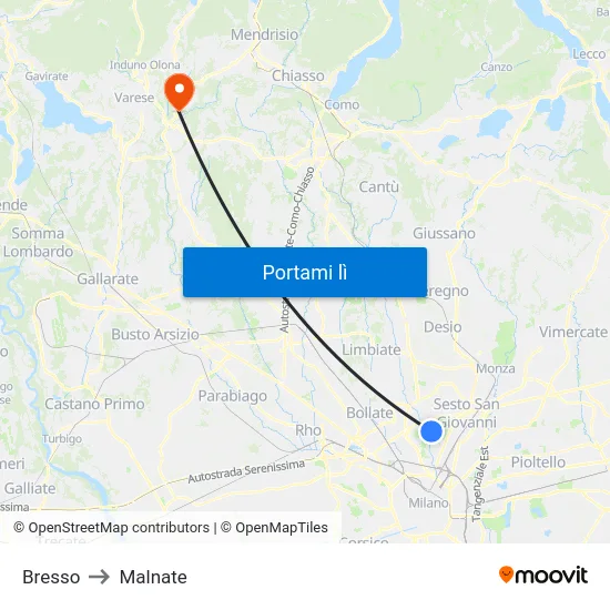 Bresso to Malnate map