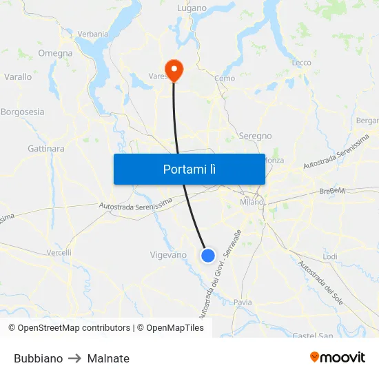 Bubbiano to Malnate map