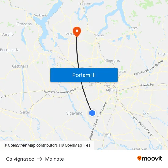 Calvignasco to Malnate map