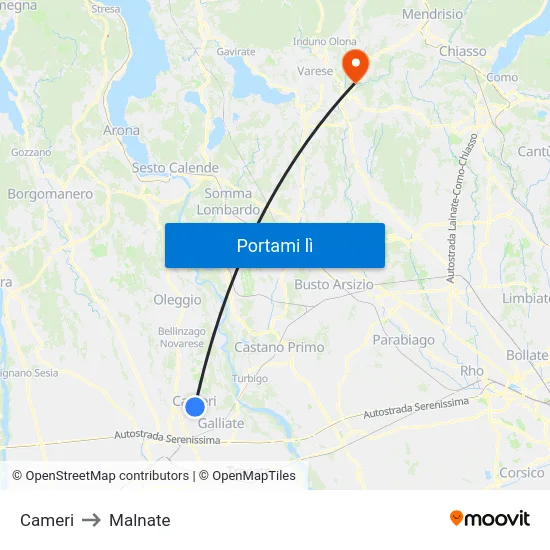 Cameri to Malnate map