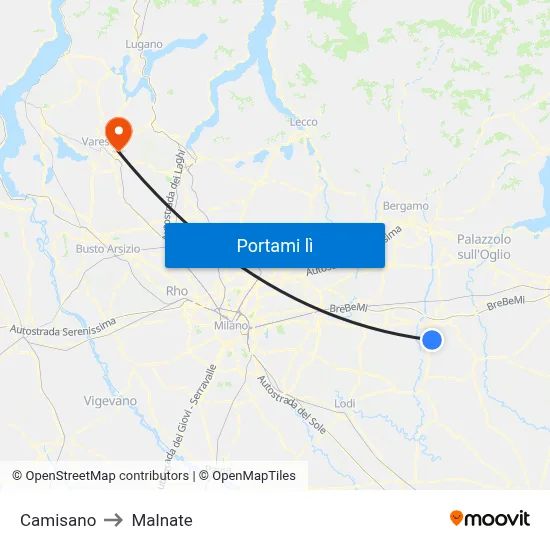 Camisano to Malnate map