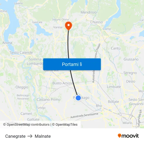 Canegrate to Malnate map