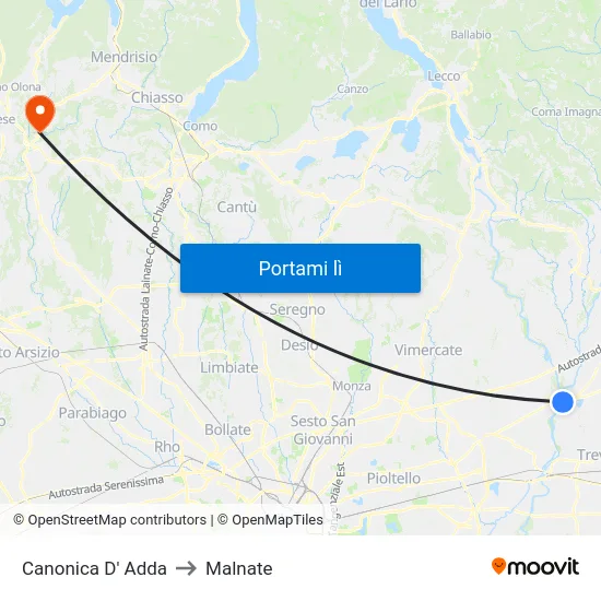 Canonica D' Adda to Malnate map