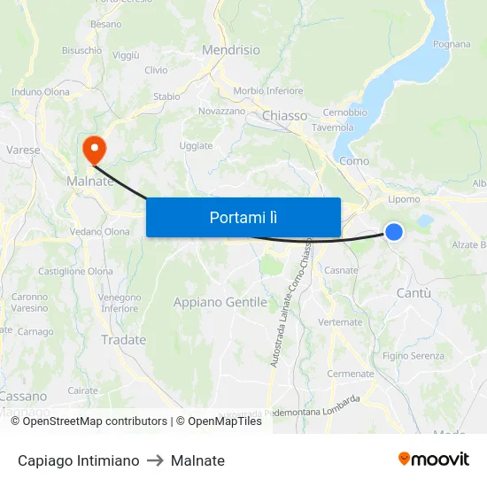 Capiago Intimiano to Malnate map