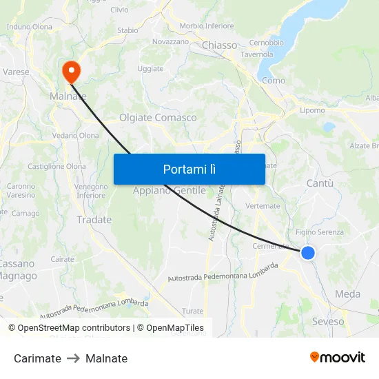 Carimate to Malnate map