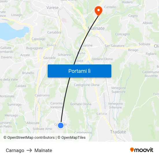 Carnago to Malnate map