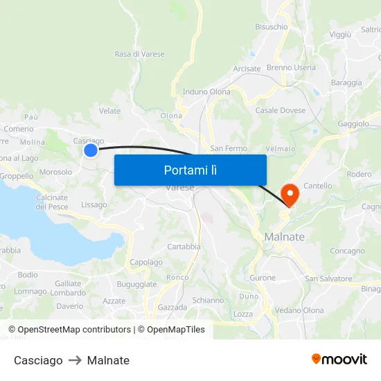 Casciago to Malnate map