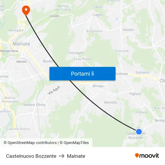 Castelnuovo Bozzente to Malnate map