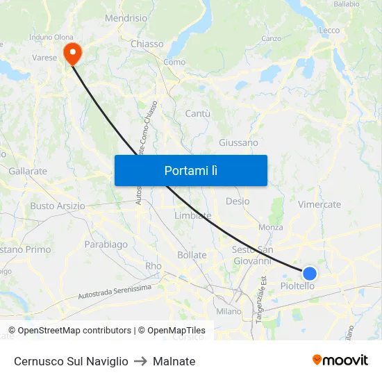 Cernusco Sul Naviglio to Malnate map