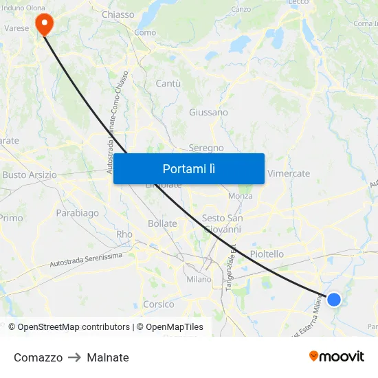 Comazzo to Malnate map