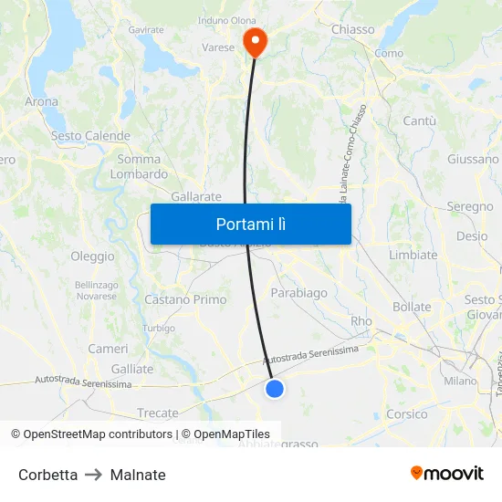 Corbetta to Malnate map