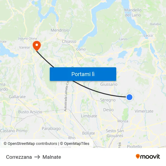 Correzzana to Malnate map