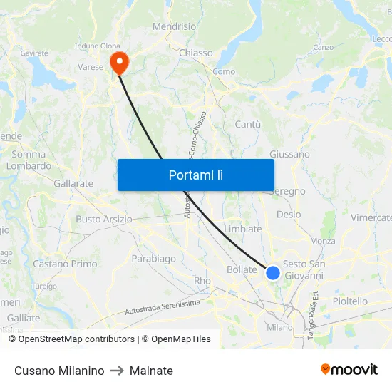 Cusano Milanino to Malnate map