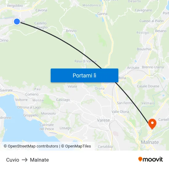 Cuvio to Malnate map