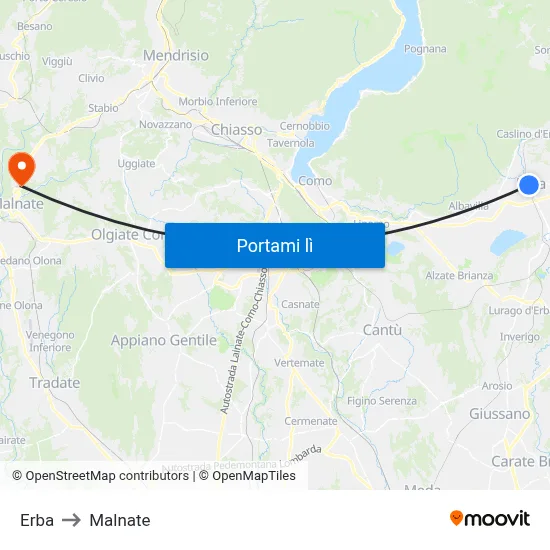 Erba to Malnate map