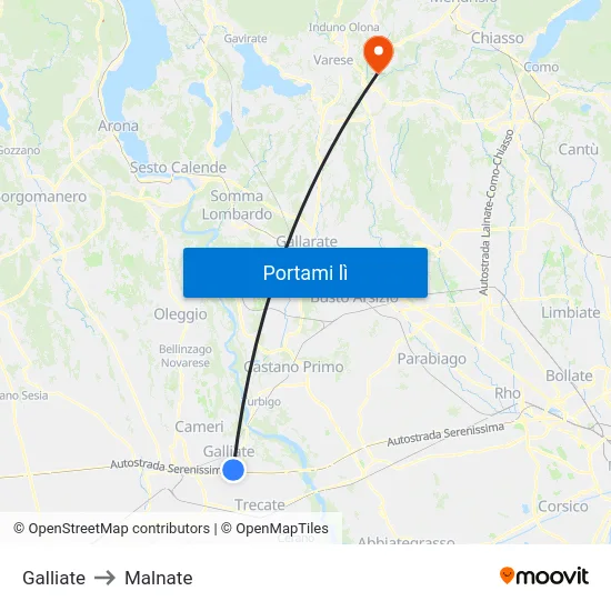 Galliate to Malnate map
