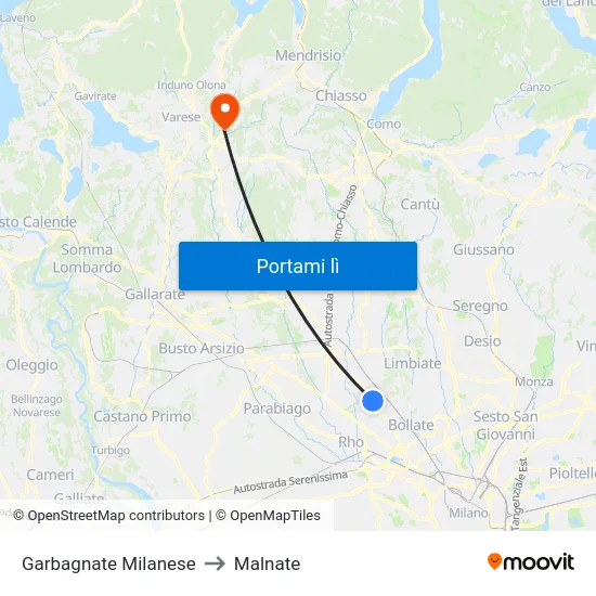 Garbagnate Milanese to Malnate map
