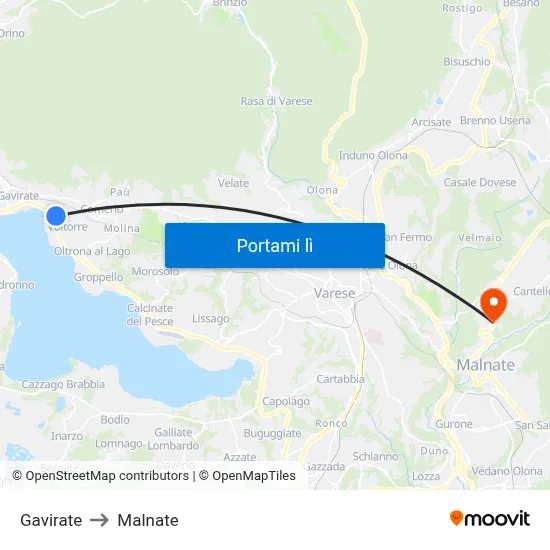 Gavirate to Malnate map