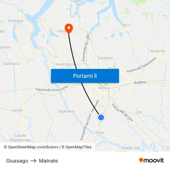 Giussago to Malnate map