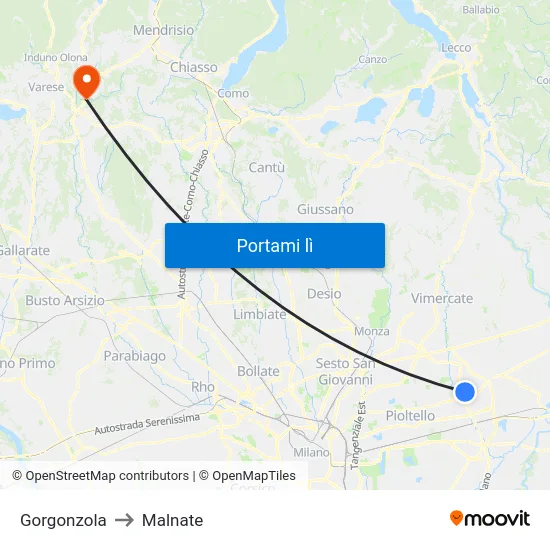 Gorgonzola to Malnate map