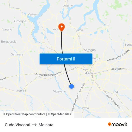 Gudo Visconti to Malnate map