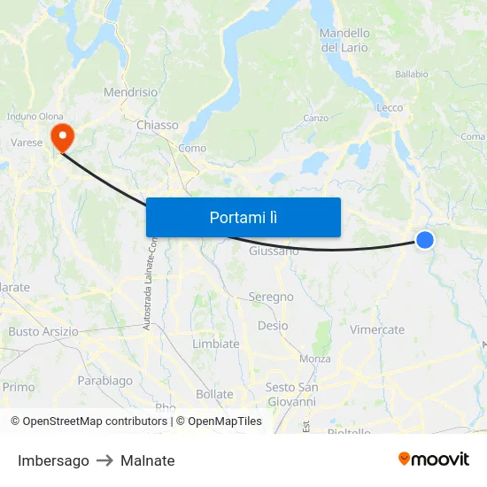 Imbersago to Malnate map