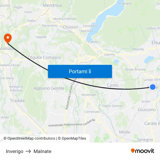 Inverigo to Malnate map