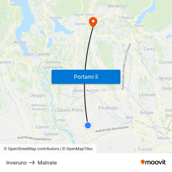 Inveruno to Malnate map