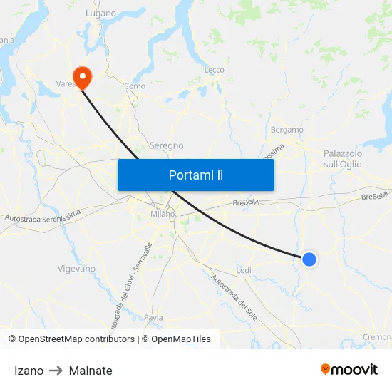 Izano to Malnate map