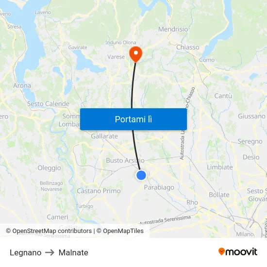 Legnano to Malnate map