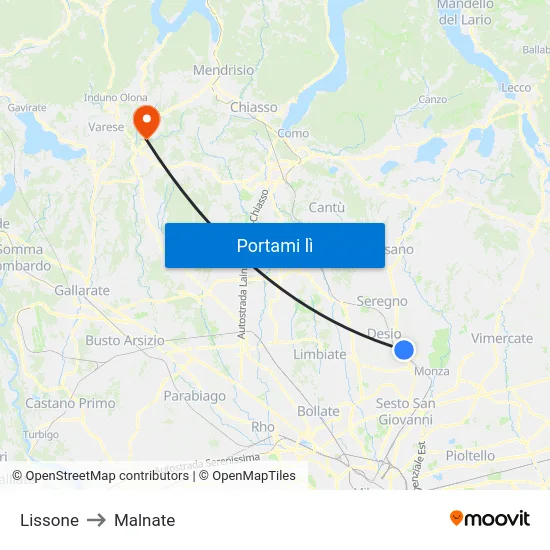 Lissone to Malnate map