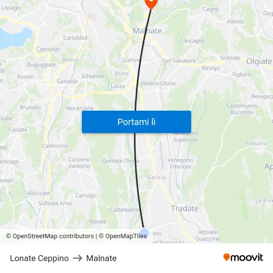 Lonate Ceppino to Malnate map