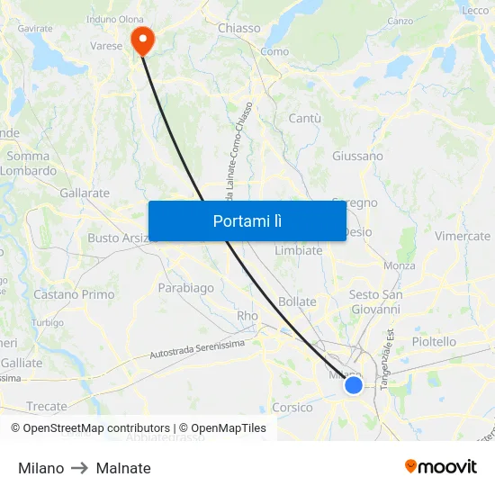 Milano to Malnate map