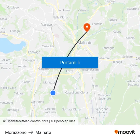 Morazzone to Malnate map