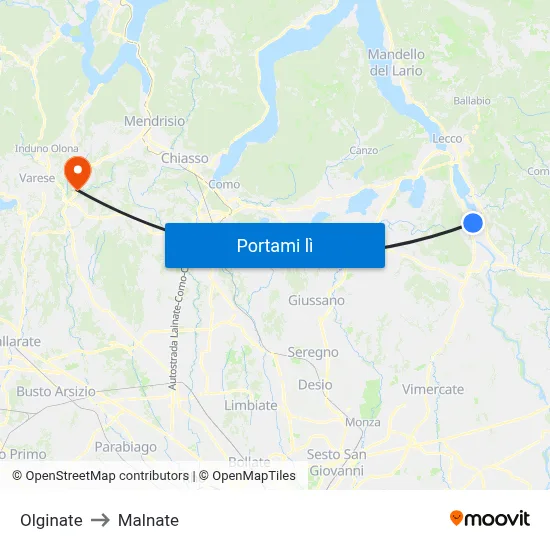 Olginate to Malnate map