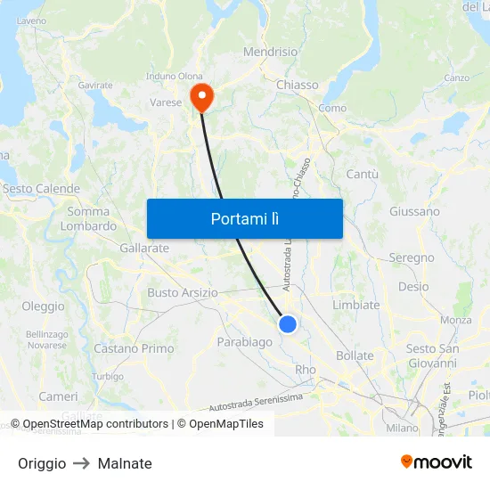 Origgio to Malnate map