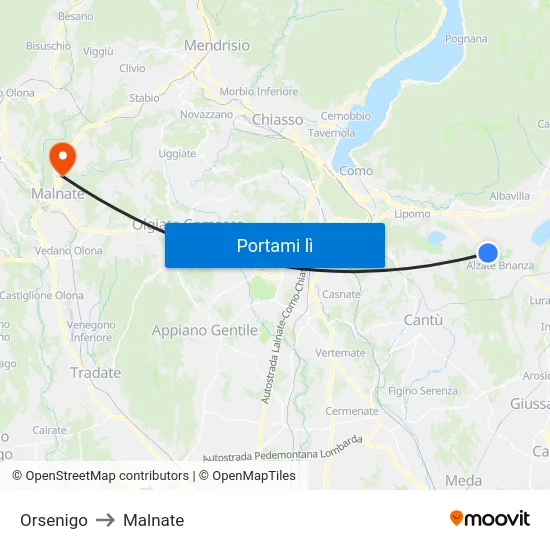 Orsenigo to Malnate map